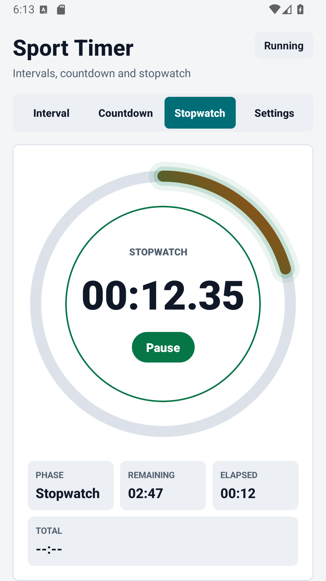 Layar stopwatch Timer Olahraga dengan putaran